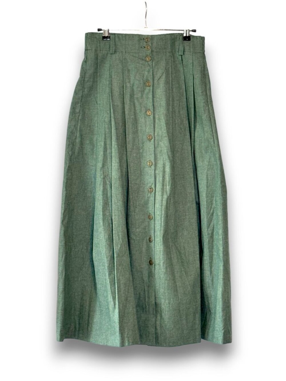 Vintage Hamilton Sage Green Pleated Maxi Skirt Pockets Made in USA Button Front